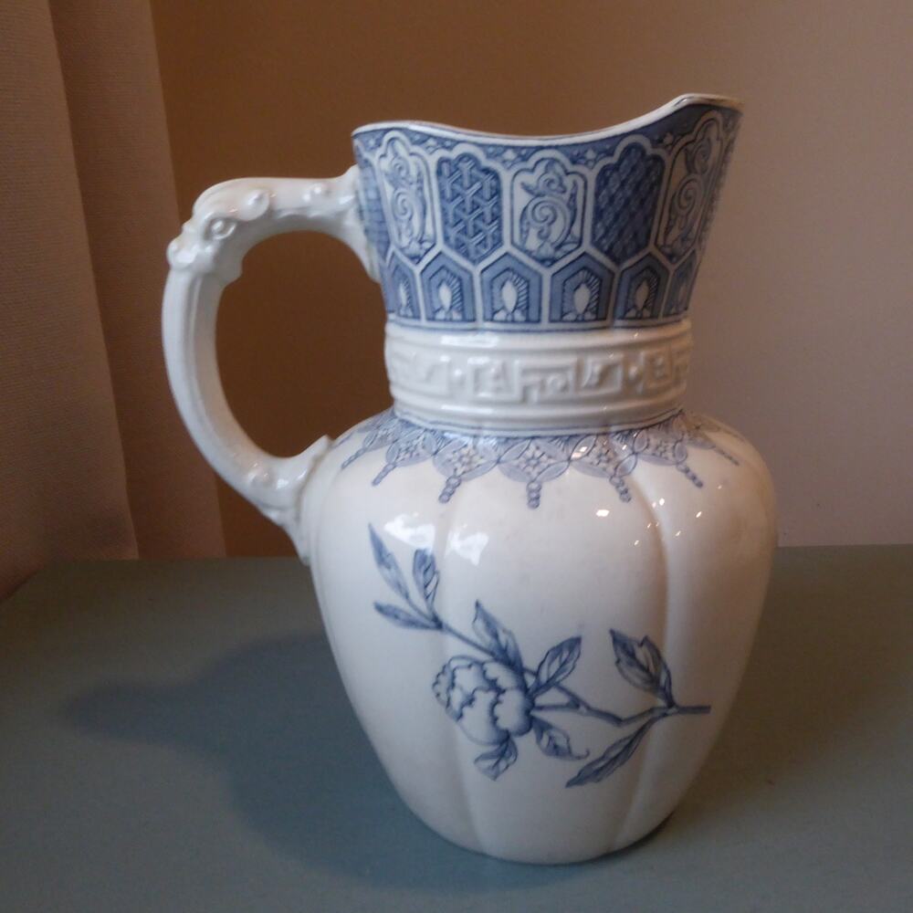 Antique 1889 E.J.D. Bodley Burslem "Empire" Blue & White Pitcher Jug 7" No Chips